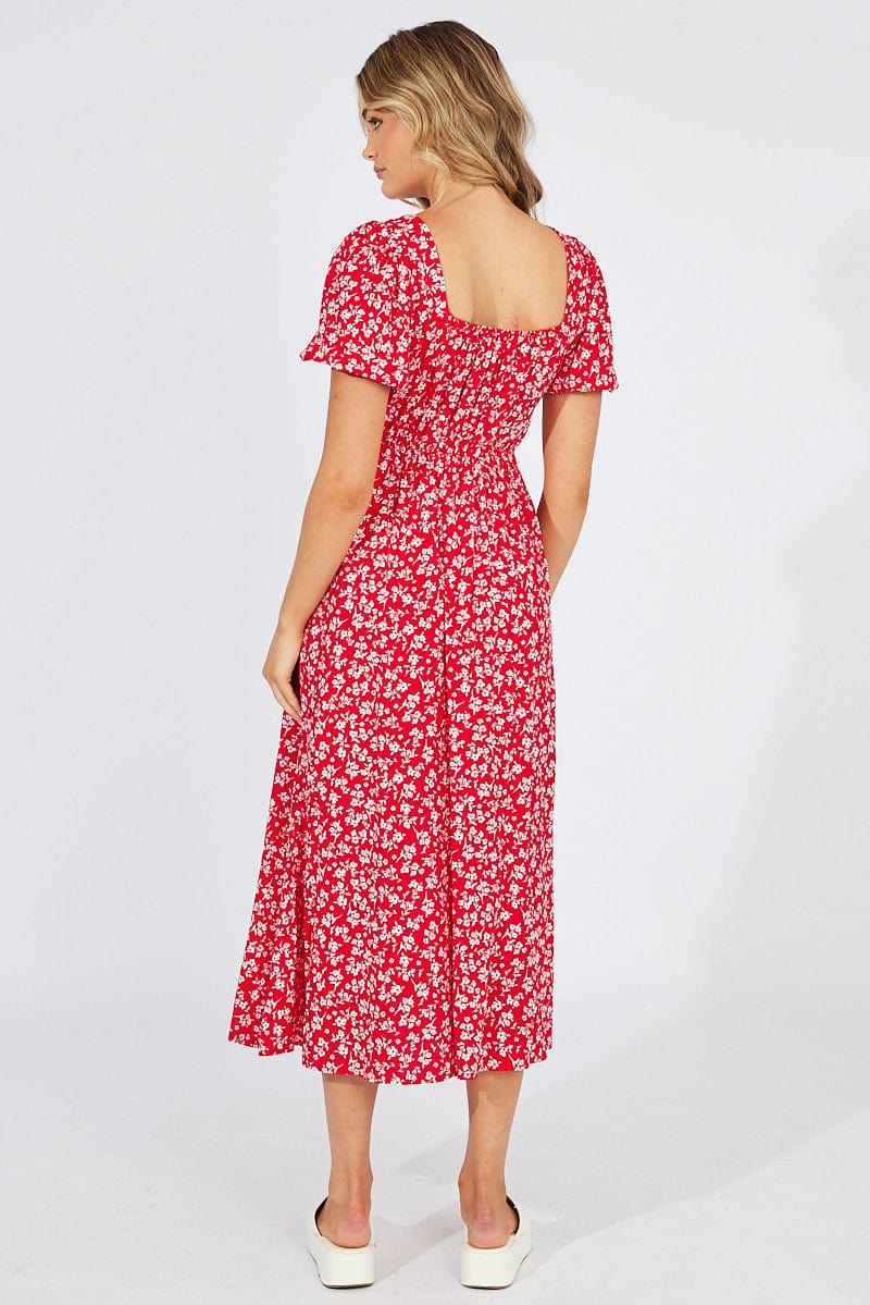 Red Ditsy Midi Dress Short Sleeve Ruched Bust