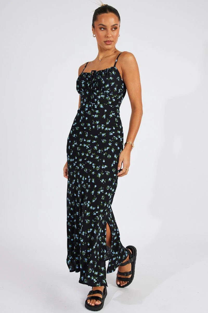 Black Floral Midi Dress Gathering Bust Sleeveless