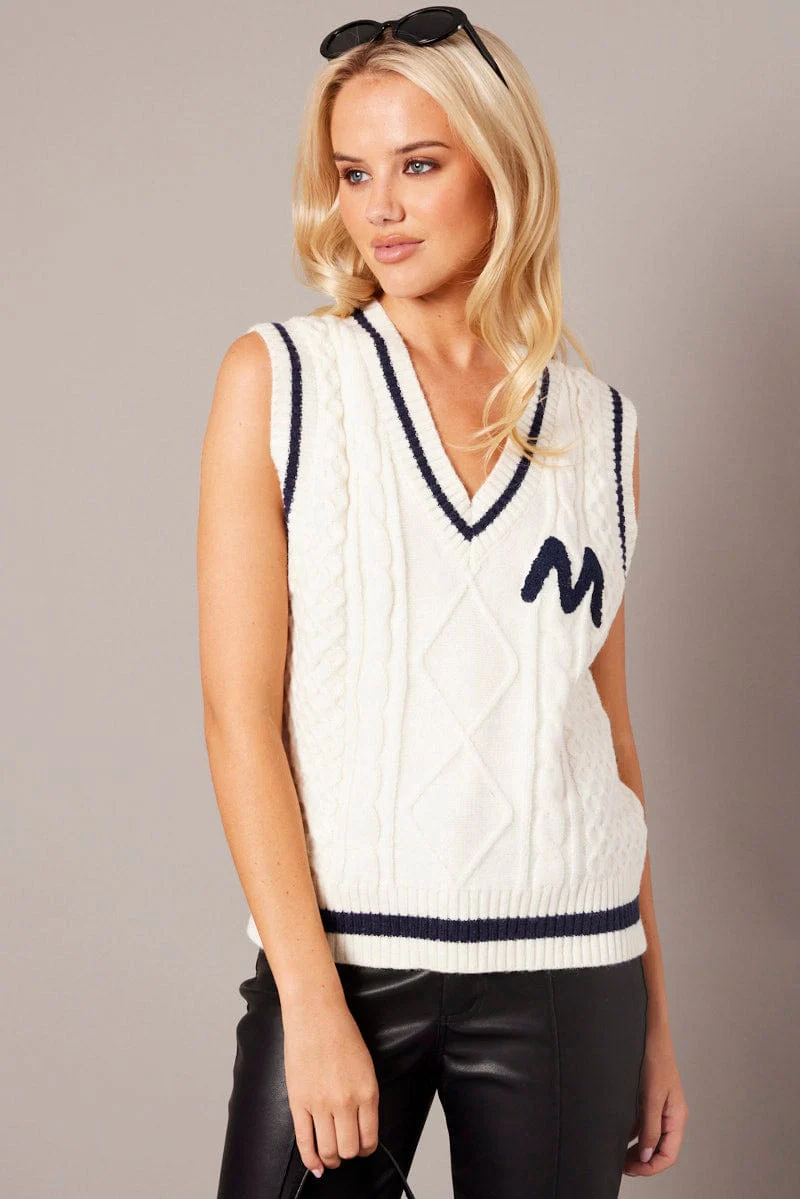 White Knit Vest Sleeveless V Neck Cable