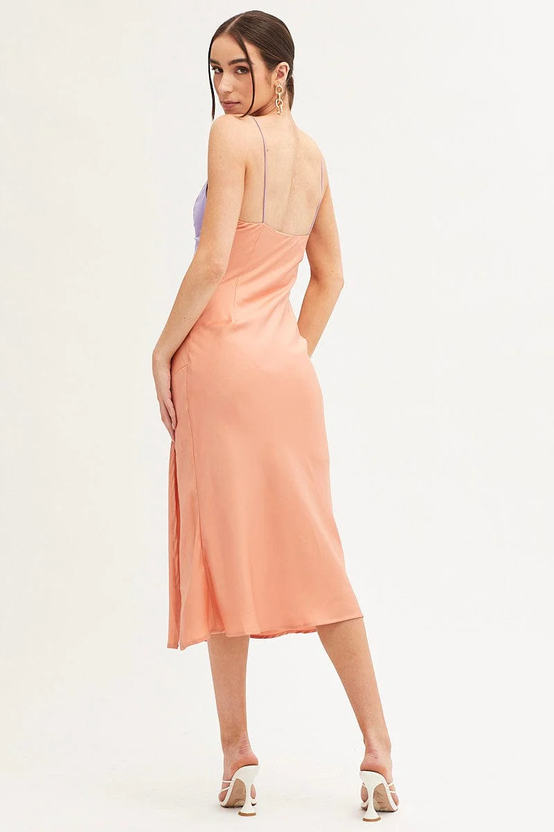 Multi Slip Dress Midi V Neck Colour Block Satin