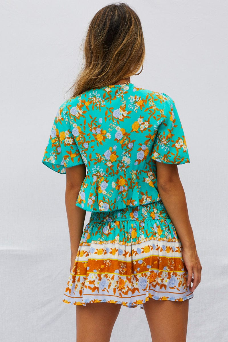 Boho Print Flare Skirt Mini High Rise