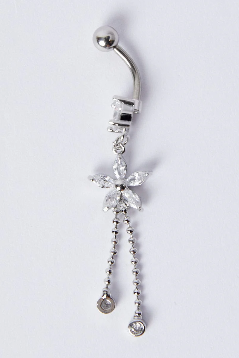 Silver Star Crystal Belly Ring with Tassel