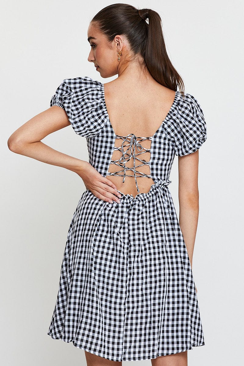 Check Mini Dress Short Sleeve Square Neck