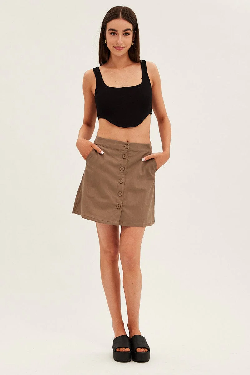 Brown Linen Blend Button Front Mini Skirt