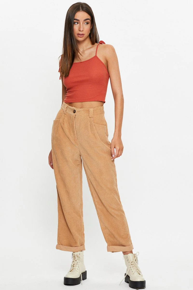 Brown Tie Shoulder Top