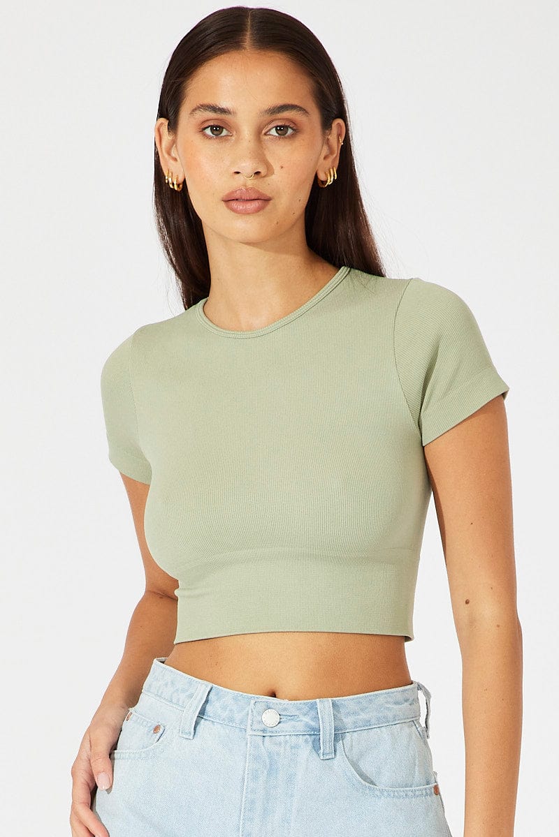 Green T Shirt Short Sleeve Crew Neck Seamless