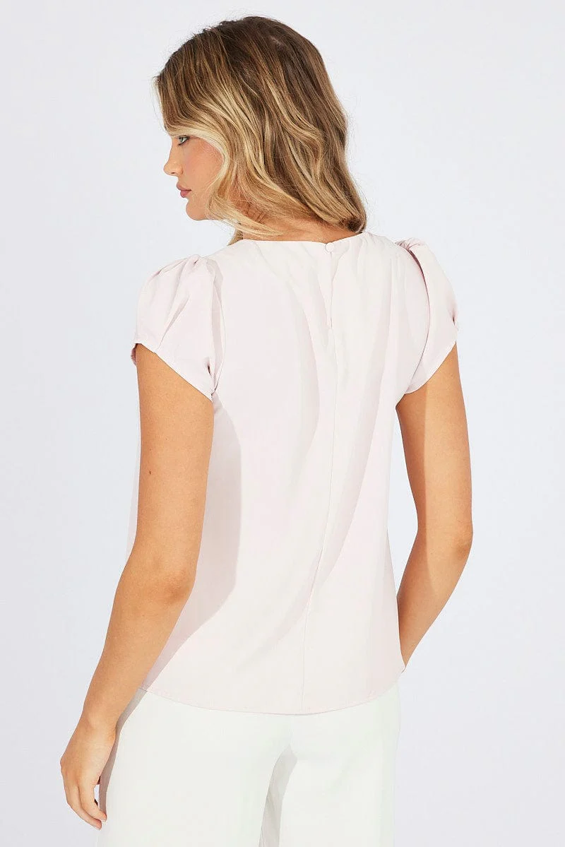 Pink Top Cap Sleeve Pleat Detail Workwear