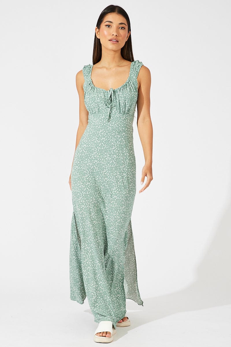 Green Ditsy Maxi Dress Short Sleeve Ruched Bust