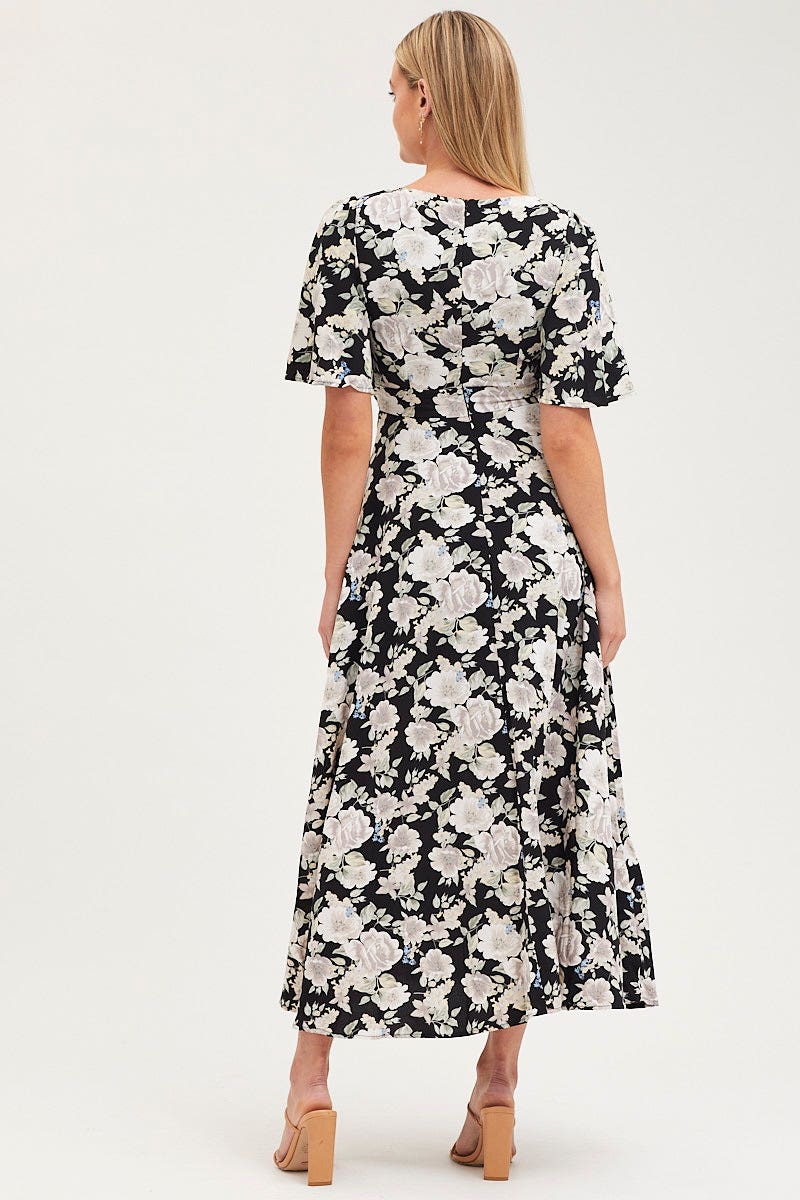 Print Dress Short Sleeve Maxi V Neck Polyester