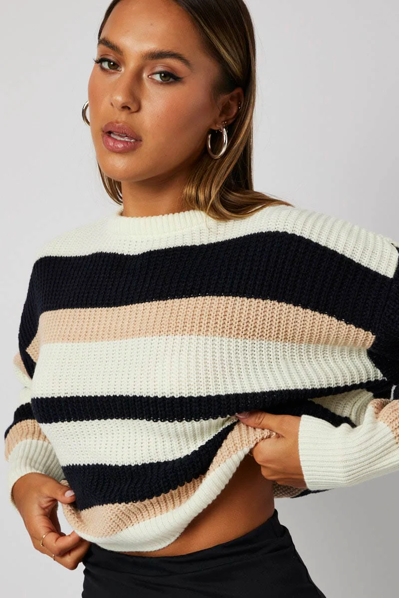 Blue Stripe Knit Top Long Sleeve Color Block