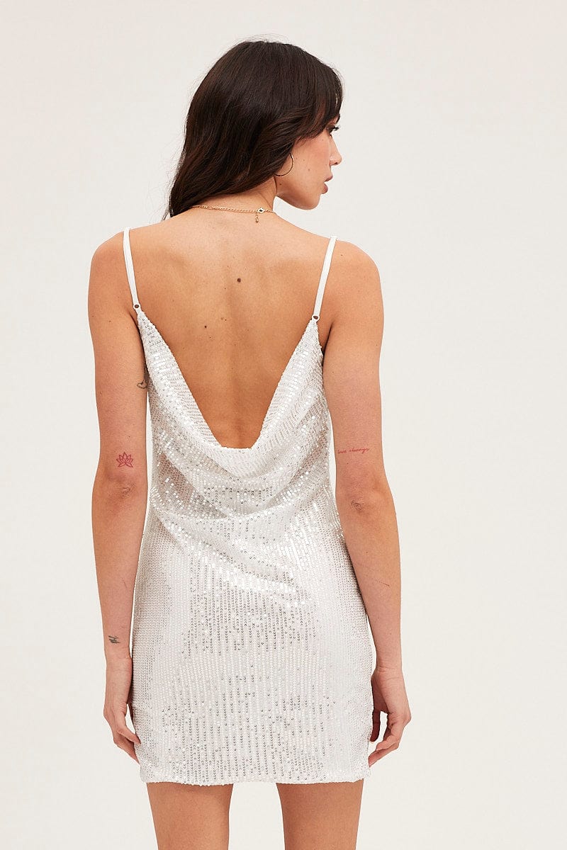 Silver Mini Dress Cowl Neck Polyester