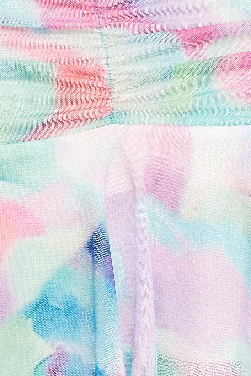 Multi Abstract Mini Skirt Ruched Waist Mesh