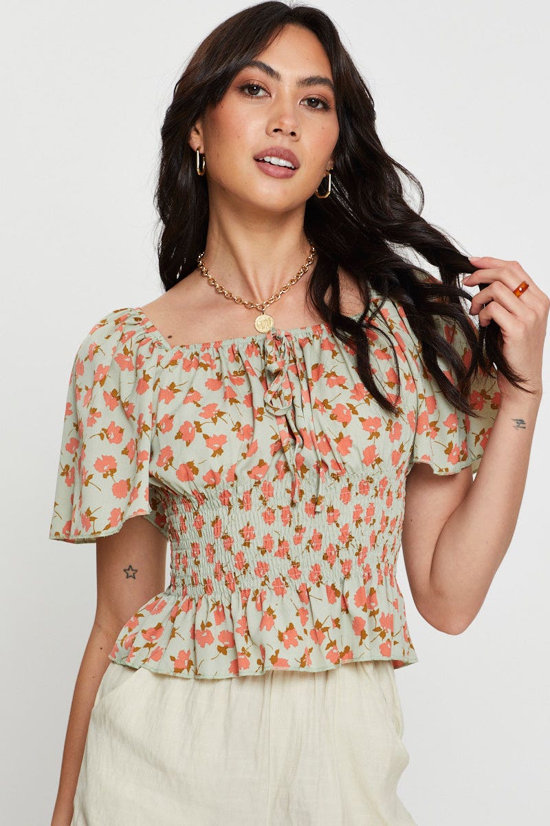 Print Crop Top Short Sleeve Sweetheart