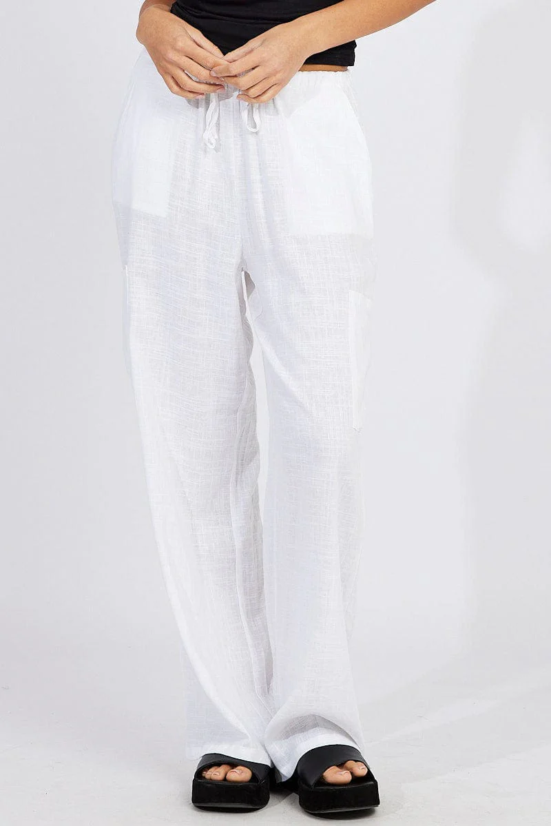 White Wide Leg Pants Mid Rise Linen Blend