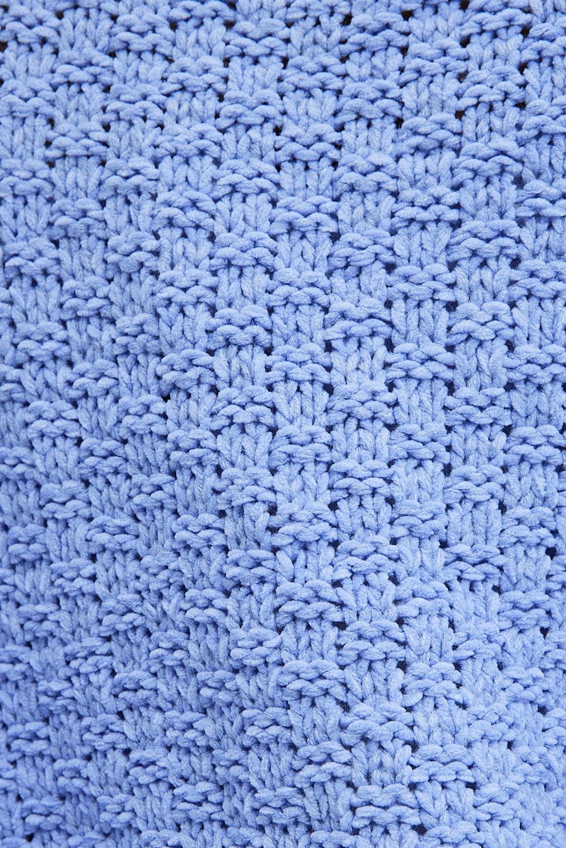 Blue Knit Top Long Sleeve V-Neck Cable