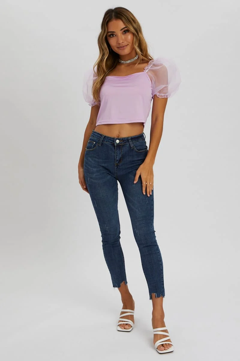 Purple Organza Puff Sleeve Top