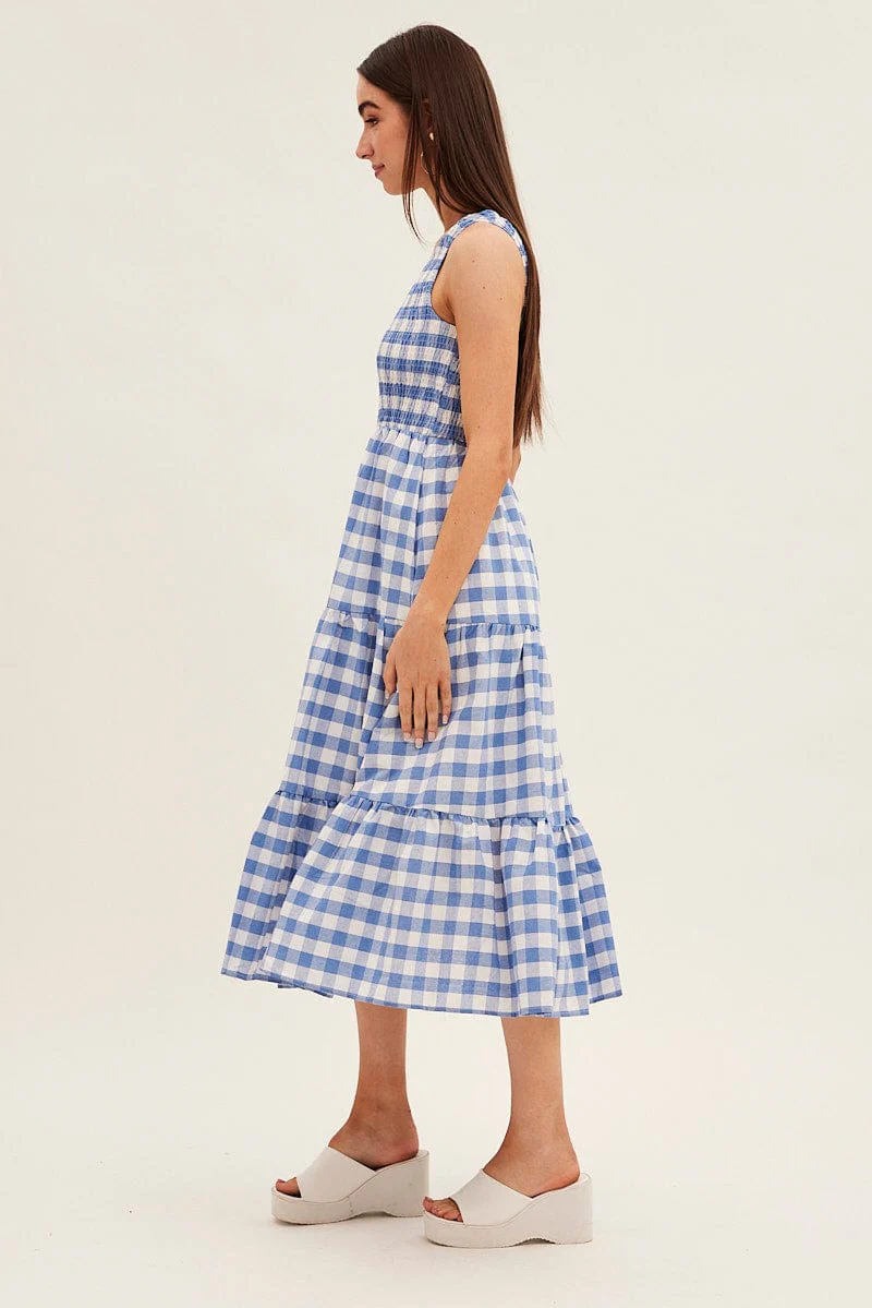 Blue Check Midi Dress One Shoulder Shirred