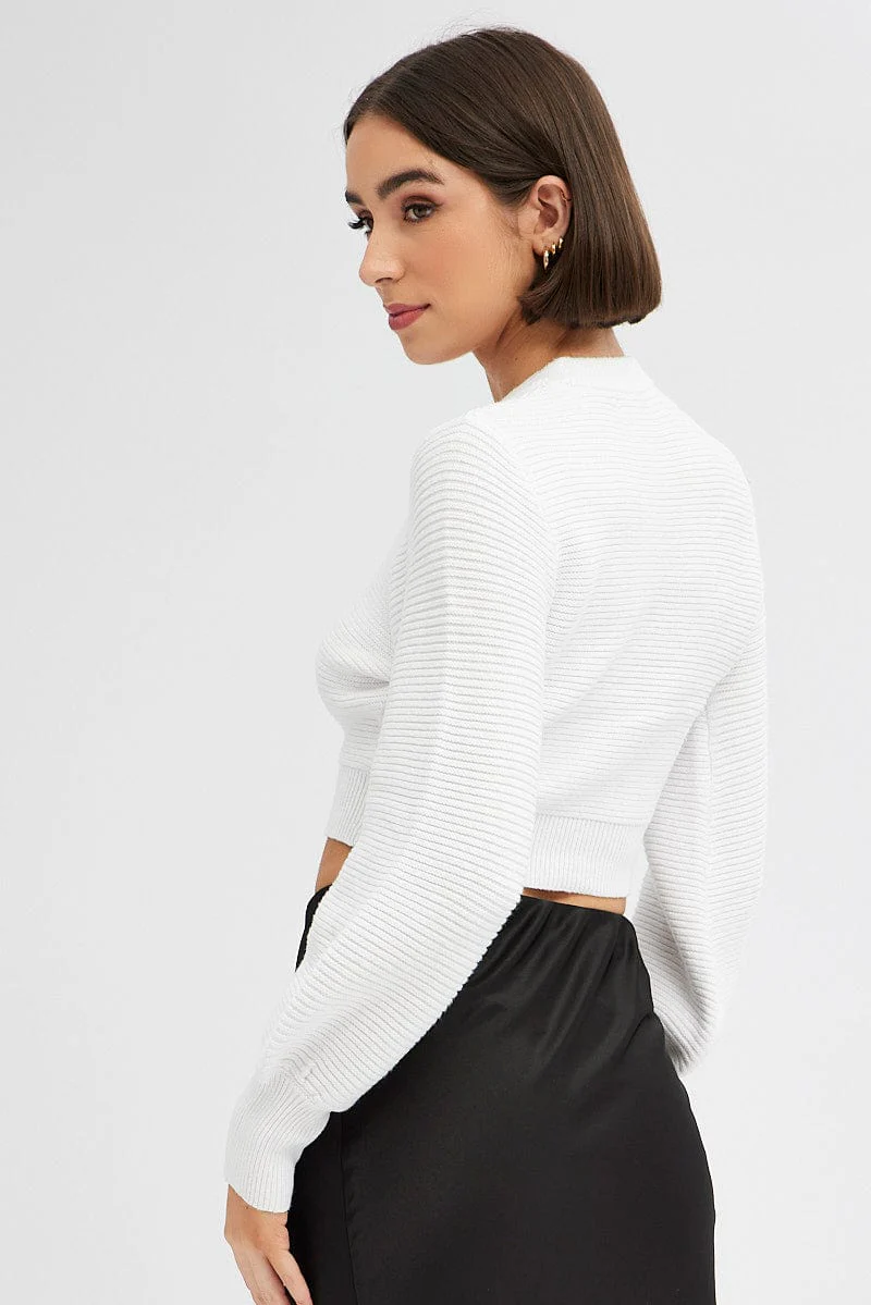 White Knit Top Long Sleeve Crop Round Neck