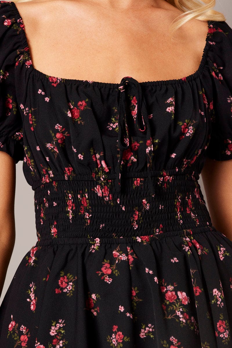 Black Ditsy Playsuit  Short Sleeve