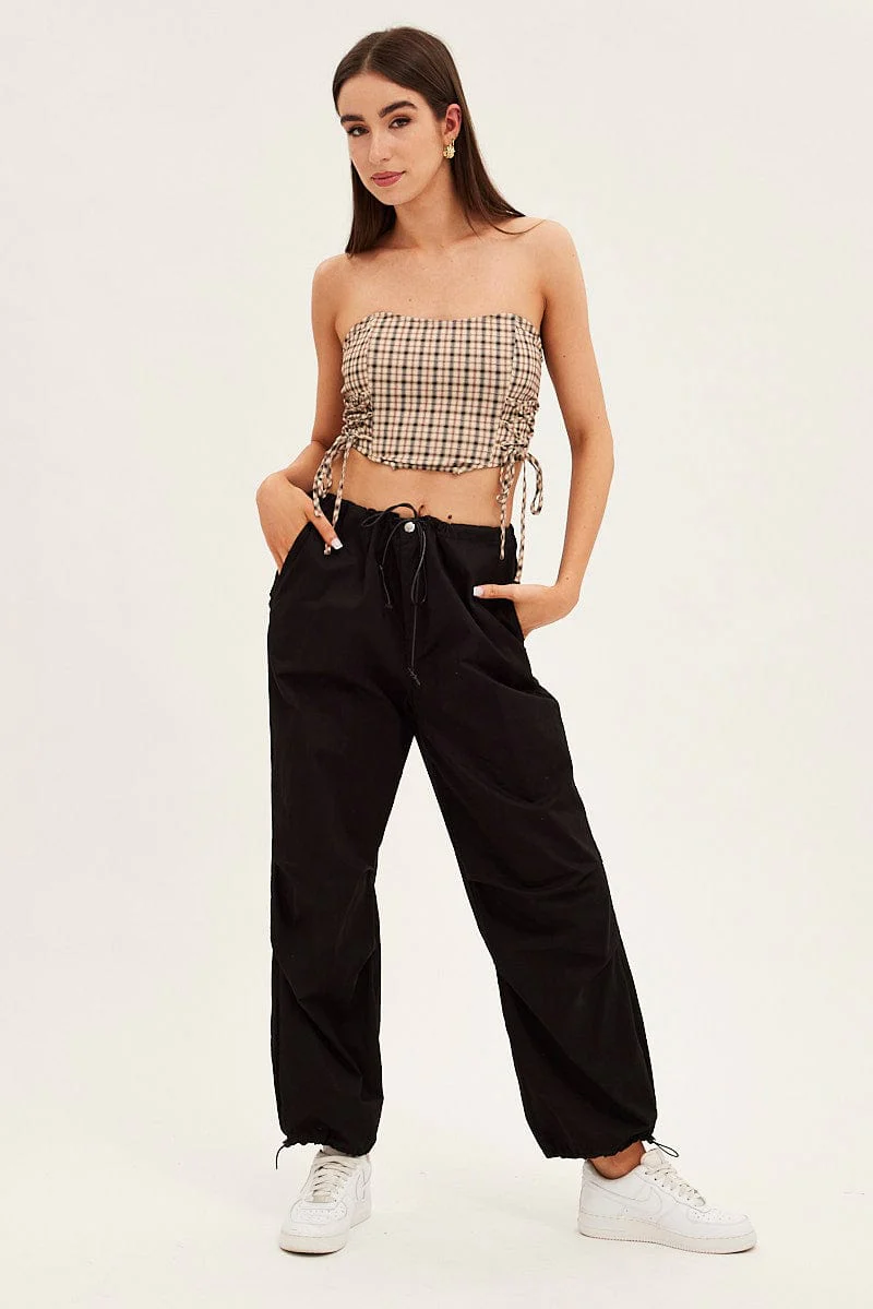 Brown Check Corset Top Strapless Crop Structured Tie Up Detail