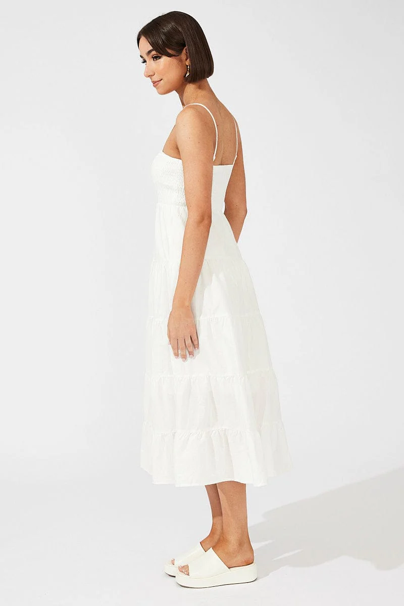 White Midi Dress Sleeveless Tiered