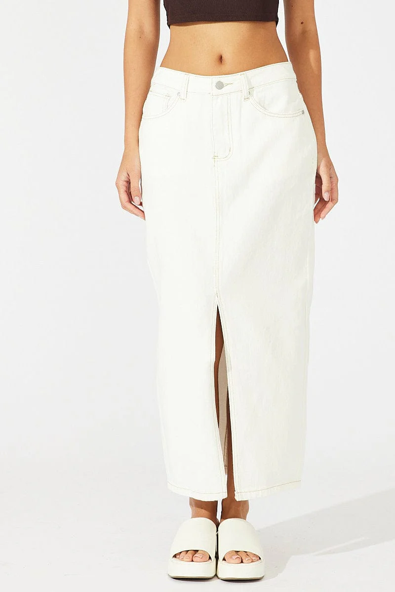White Denim Skirt Maxi Front Split