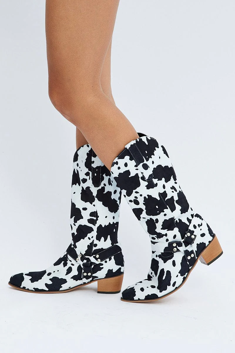 Multi Cow Print Cowboy Boots