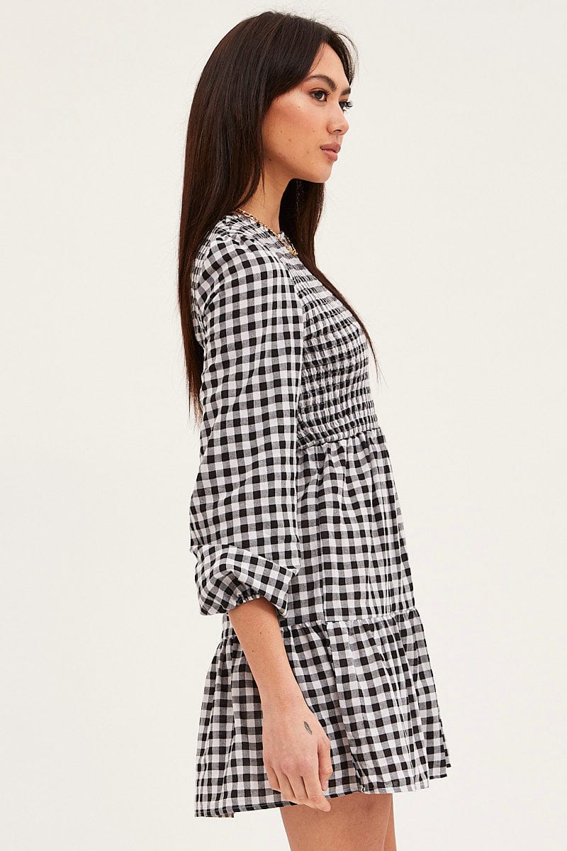 Check Skater Dress Long Sleeve Mini