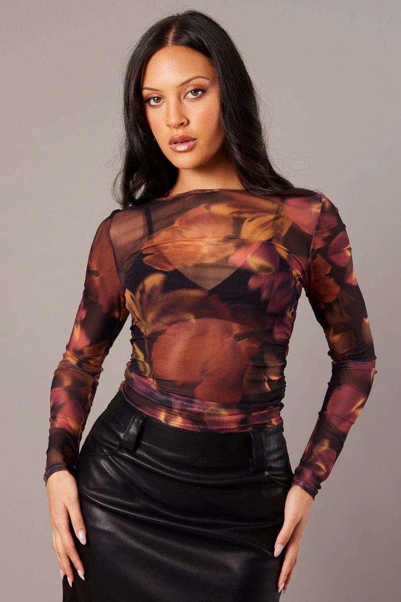 Multi Floral Mesh Top Long Sleeve Side Rushed