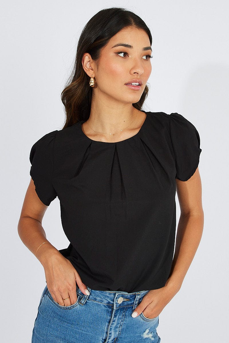 Black Top Cap Sleeve Pleat Detail Workwear