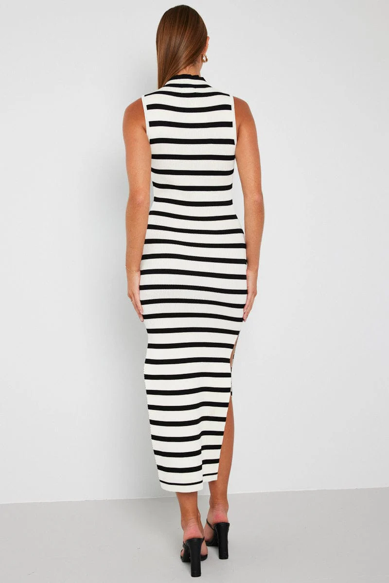 Black Stripe Knit Dress Sleeveless Midi