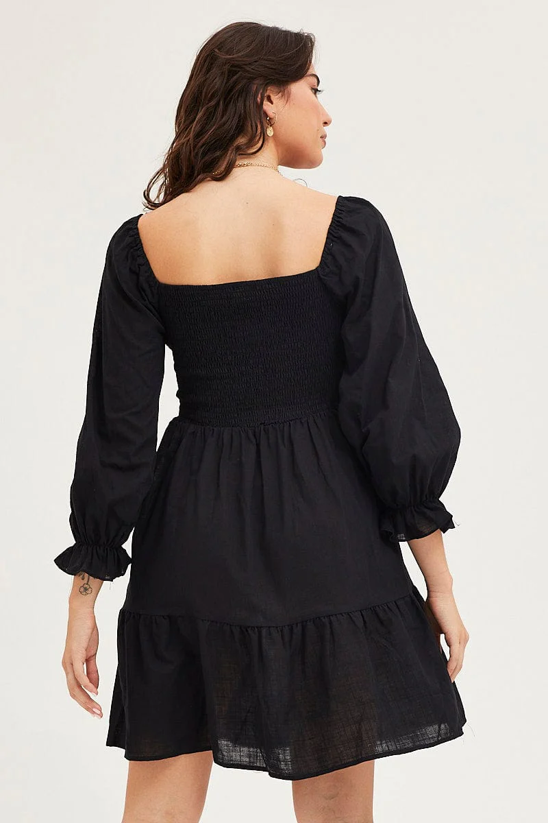 Black Skater Dress Puff Sleeve Mini