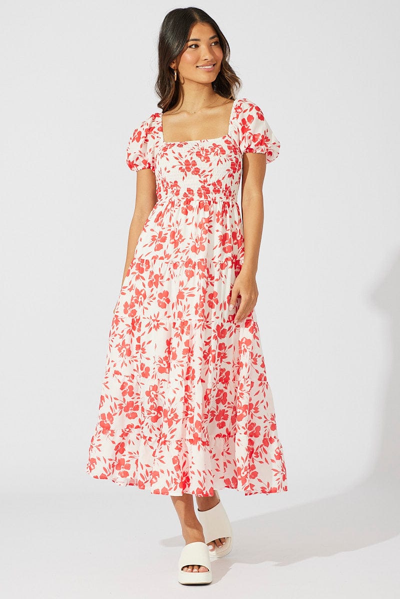 Red Floral Maxi Dress Short Sleeve Shirred Tiered