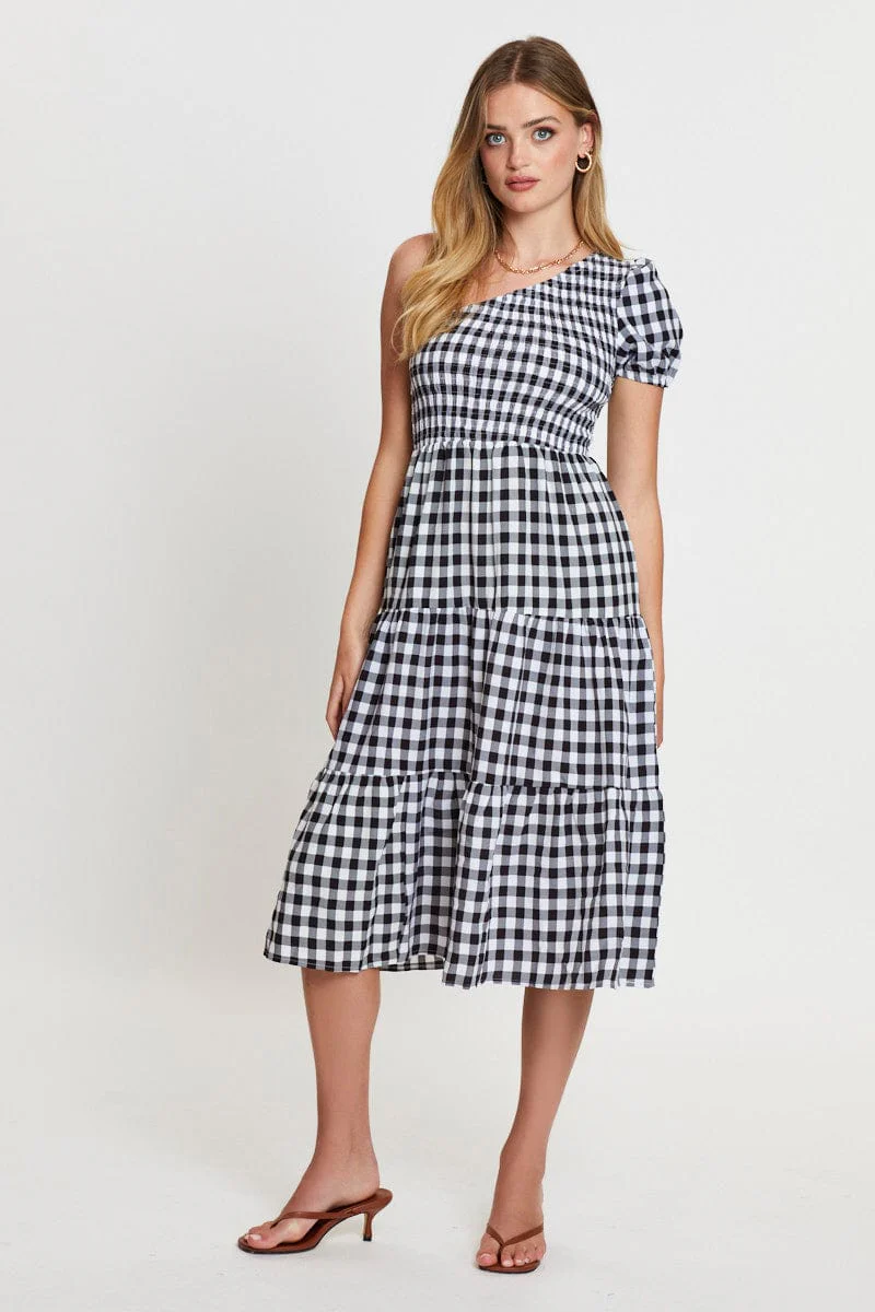 Check Midi Dress One Shoulder Short Sleeve
