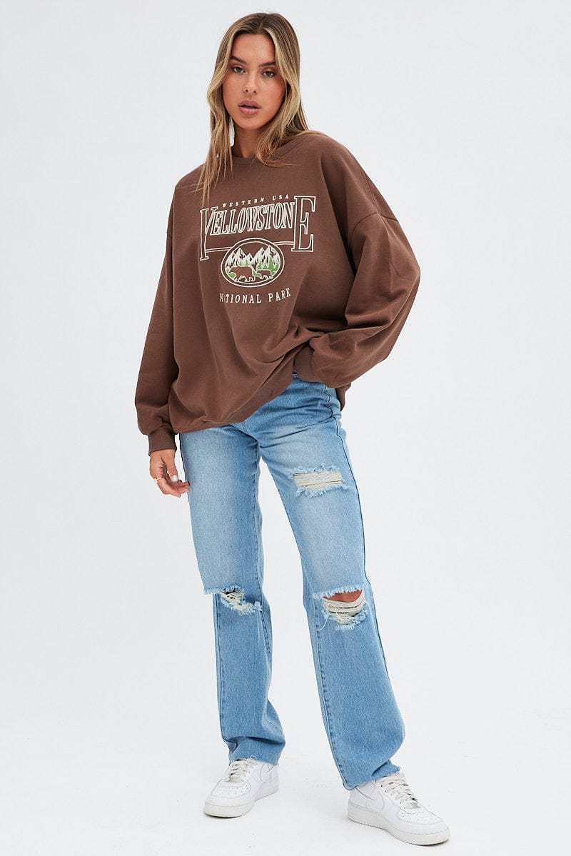 Brown Sweat Shirt Long Sleeve Crew Neck Yellowstone