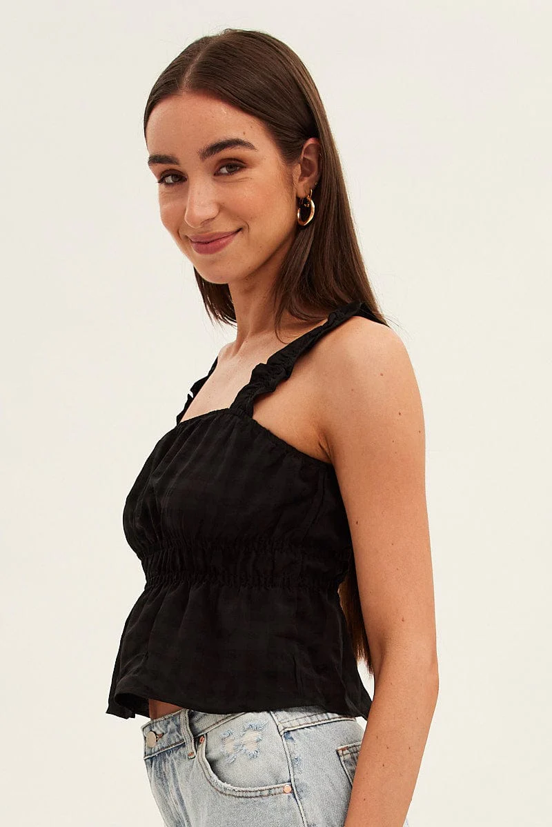 Black Ruffle Top Self Check Strap Gathered Waist Crop