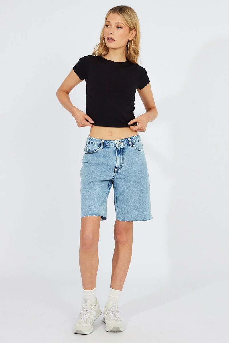 Black T Shirt Short Sleeve Crew Neck Ruched Seamless