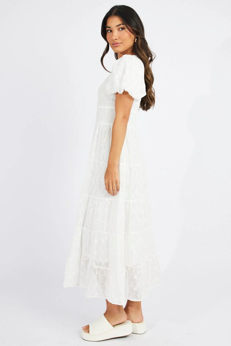 White Maxi Dress Short Sleeve Tiered Lace