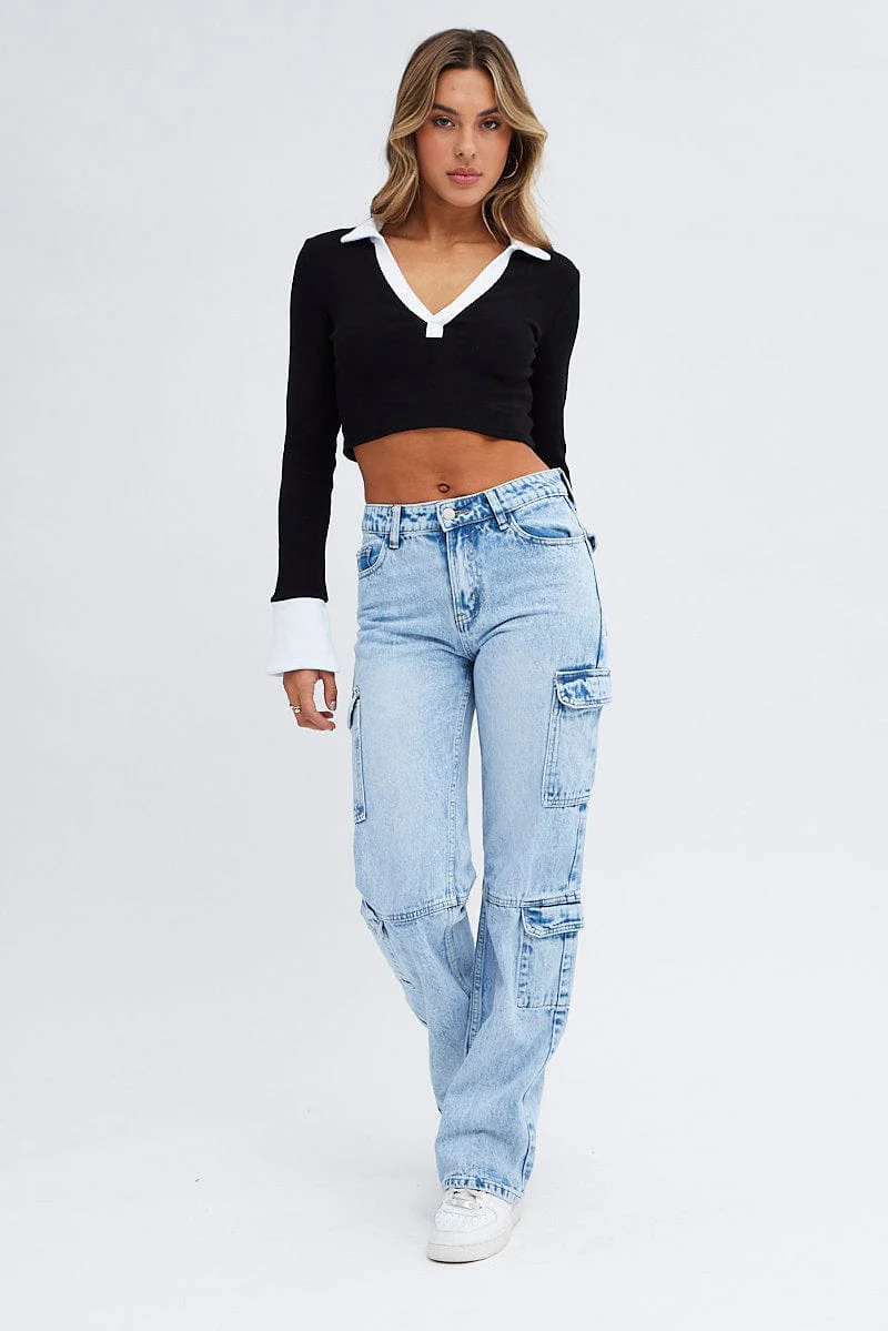 Black Crop Top Contrast Collar And Sleeve Cuff