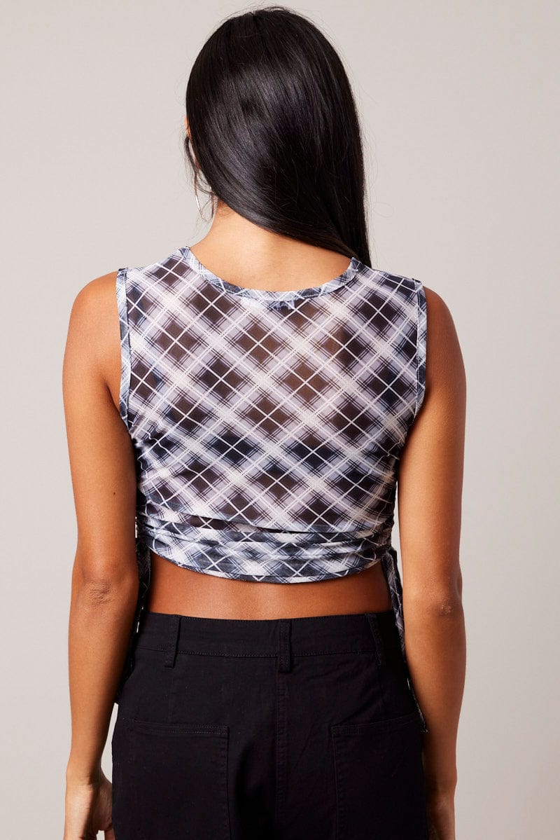 Black Check Side Rushed Top Sleeveless