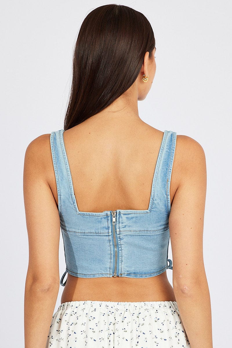 Denim Corset Sleeveless Scoop Neck Lace Up Stretch