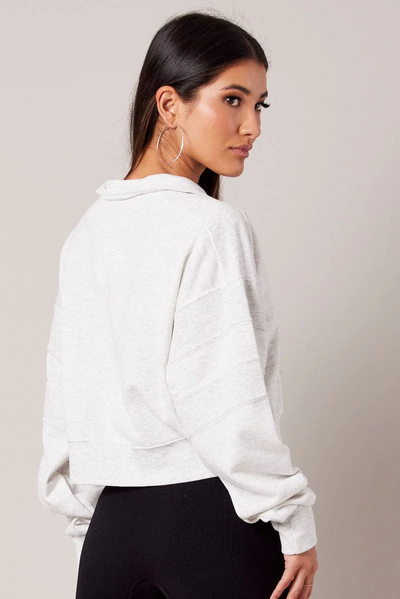 Grey Zip Up Sweater Crop Long Sleeve High Neck