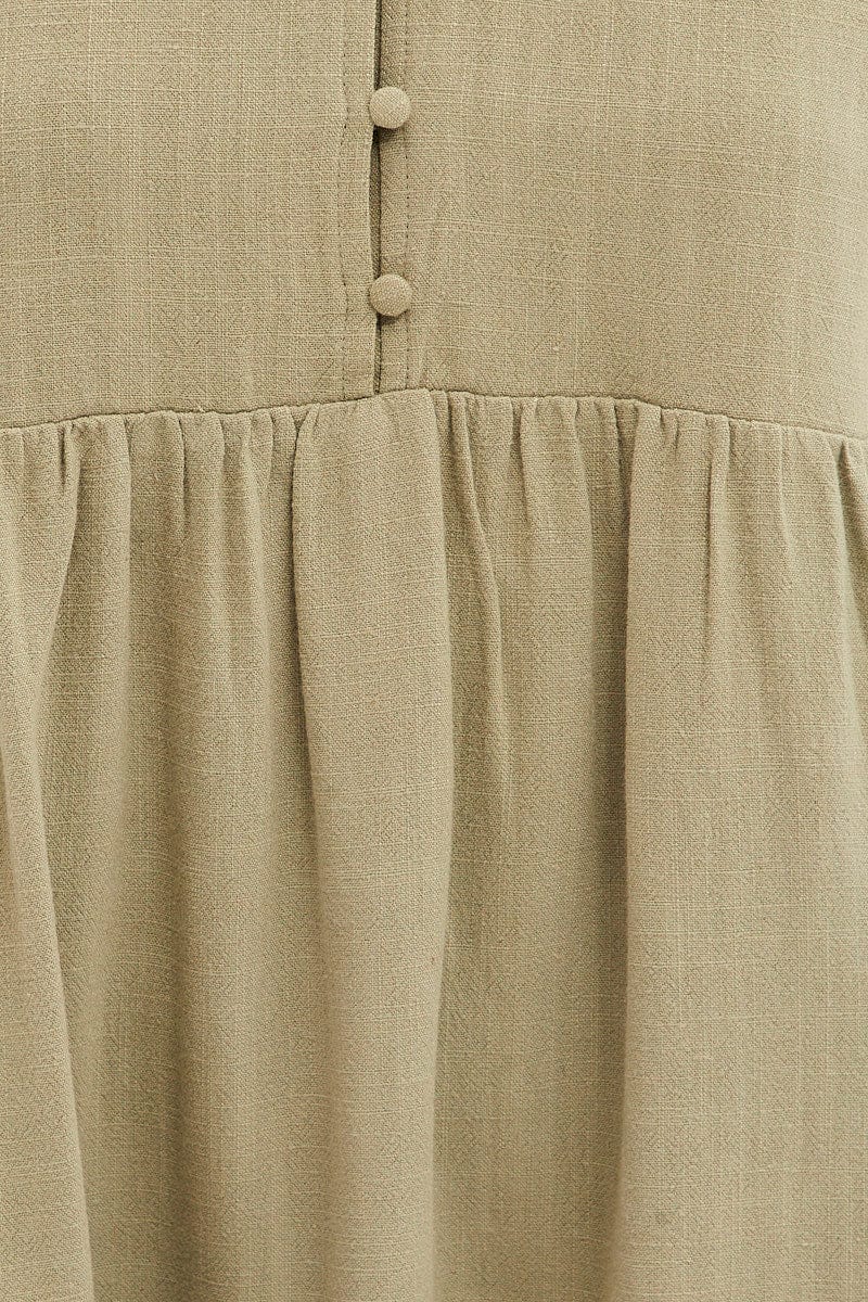 Green Smock Dress Short Sleeve V Neck Linen Blend