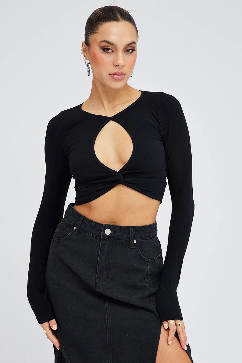 Black Cut Out Top Long Sleeve Crew Neck Seamless