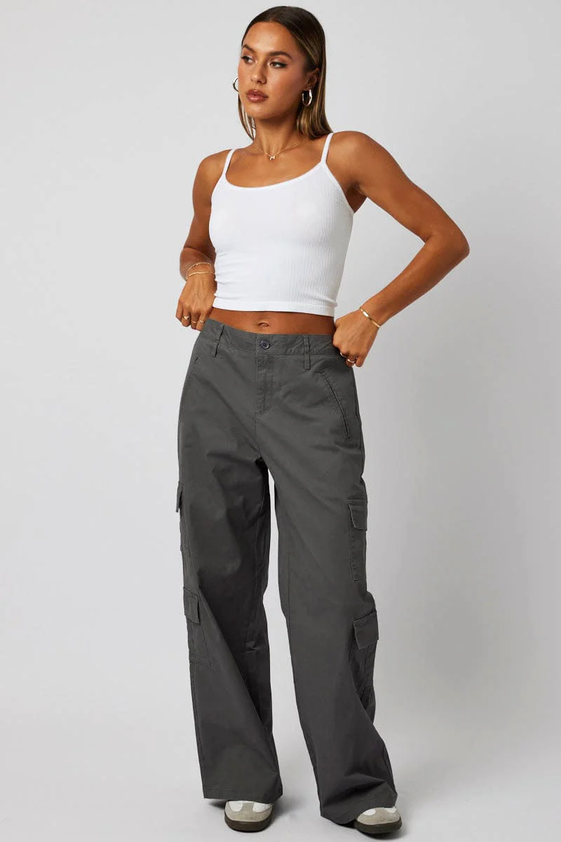 Grey Cargo Pants Mid Rise