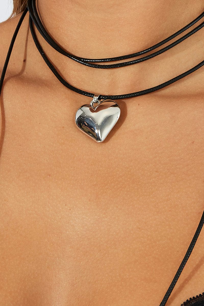 Silver Heart Pendent Cord Necklace