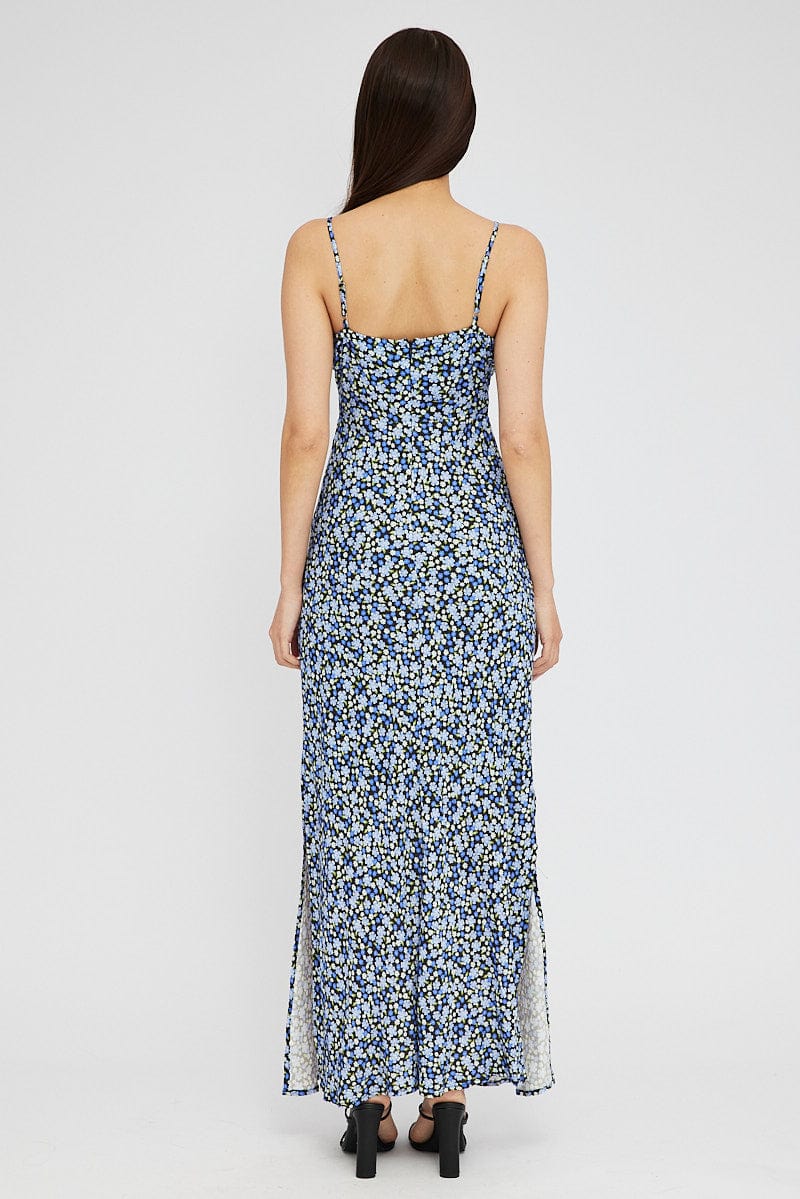 Black Ditsy Midi Dress Gathering Bust Sleeveless