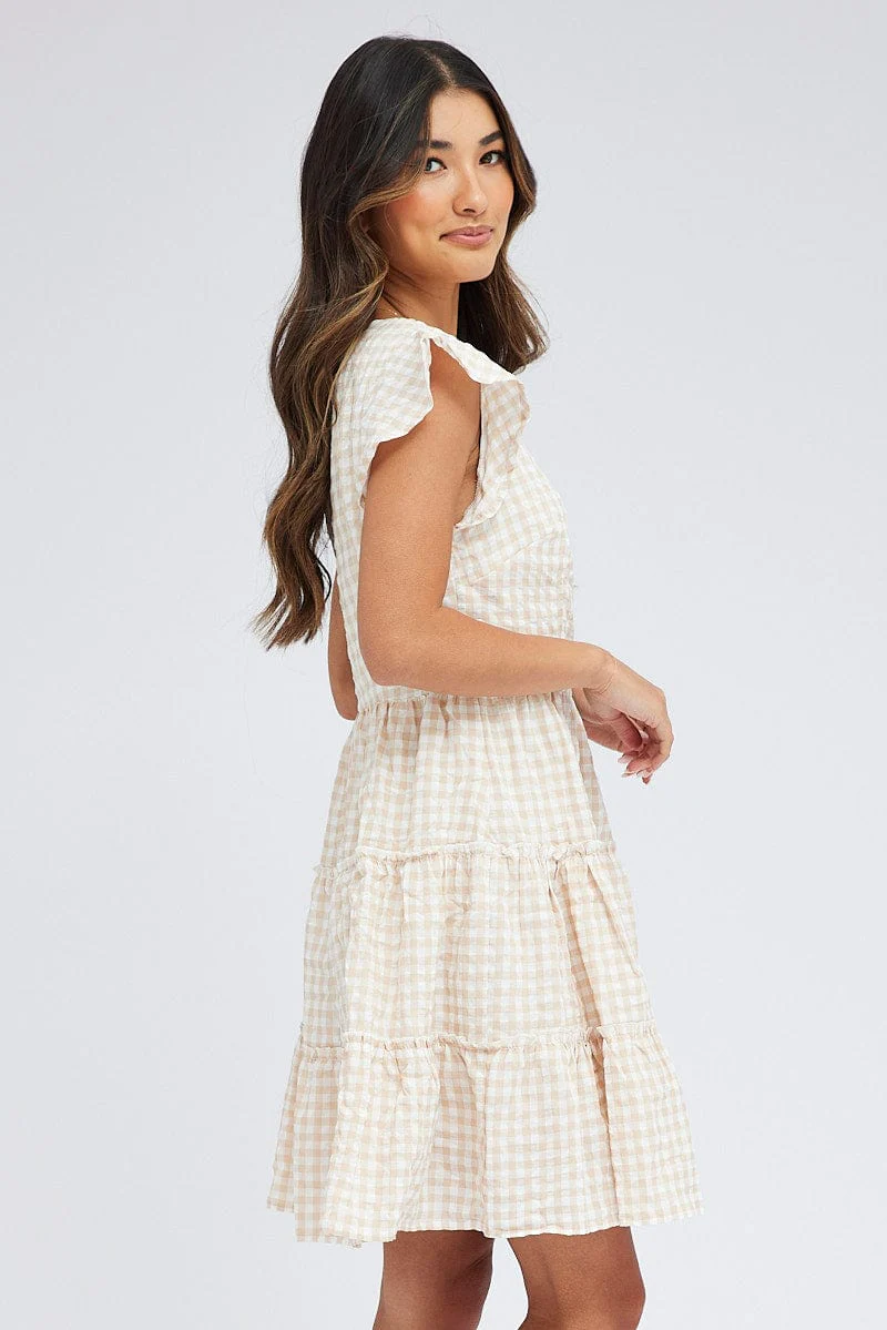 Beige Check Fit and Flare Dress Short Sleeve Tiered