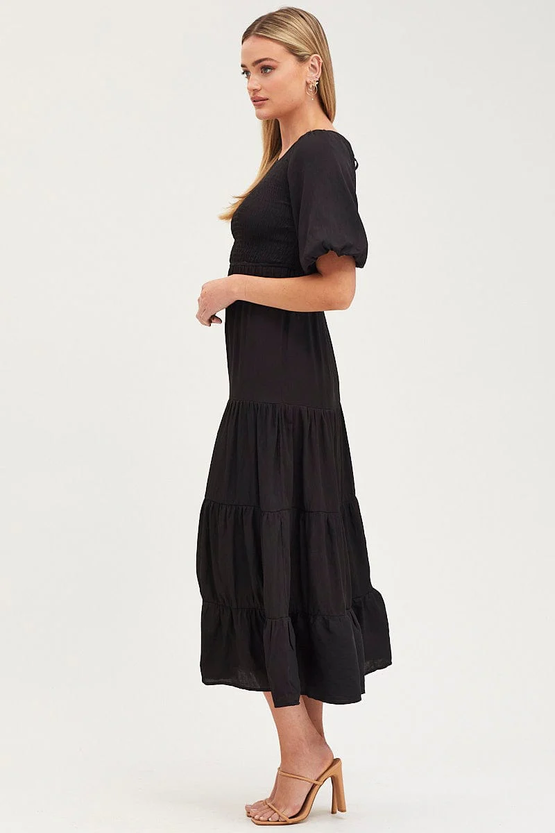 Black Shirred Dress Short Sleeve Maxi