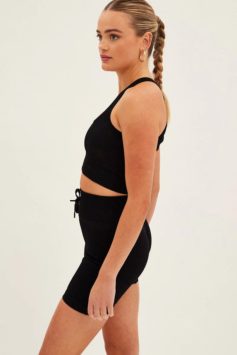 Black Seamless Halter Top And Bike Shorts Activewear Set